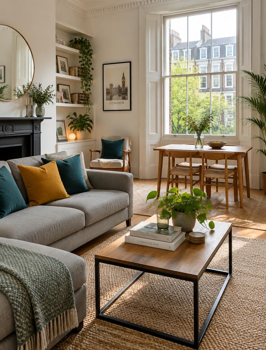 Bright living room with a grey sofa, dining table and large sash window
